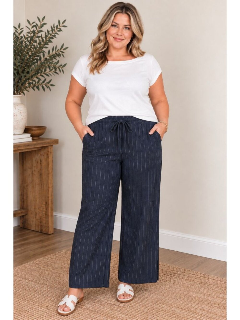 Modern Works Navy Pinstripe Elastic Drawstring Waist Wide Leg Pants Size 2X